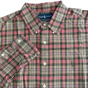 Ralph Lauren Plaid Button Down Shirt Mens XL Classic Fit Tan Pink Green